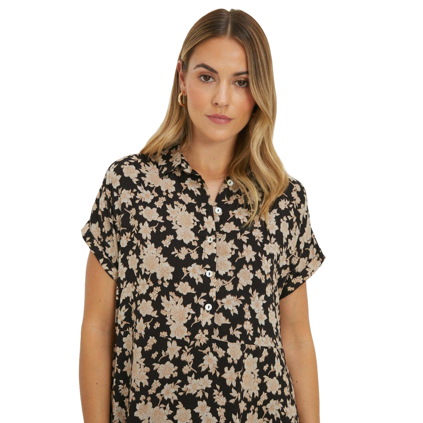 Black - Side - Dorothy Perkins Womens-Ladies Floral Turned Up Cuff Mini Shirt Dress