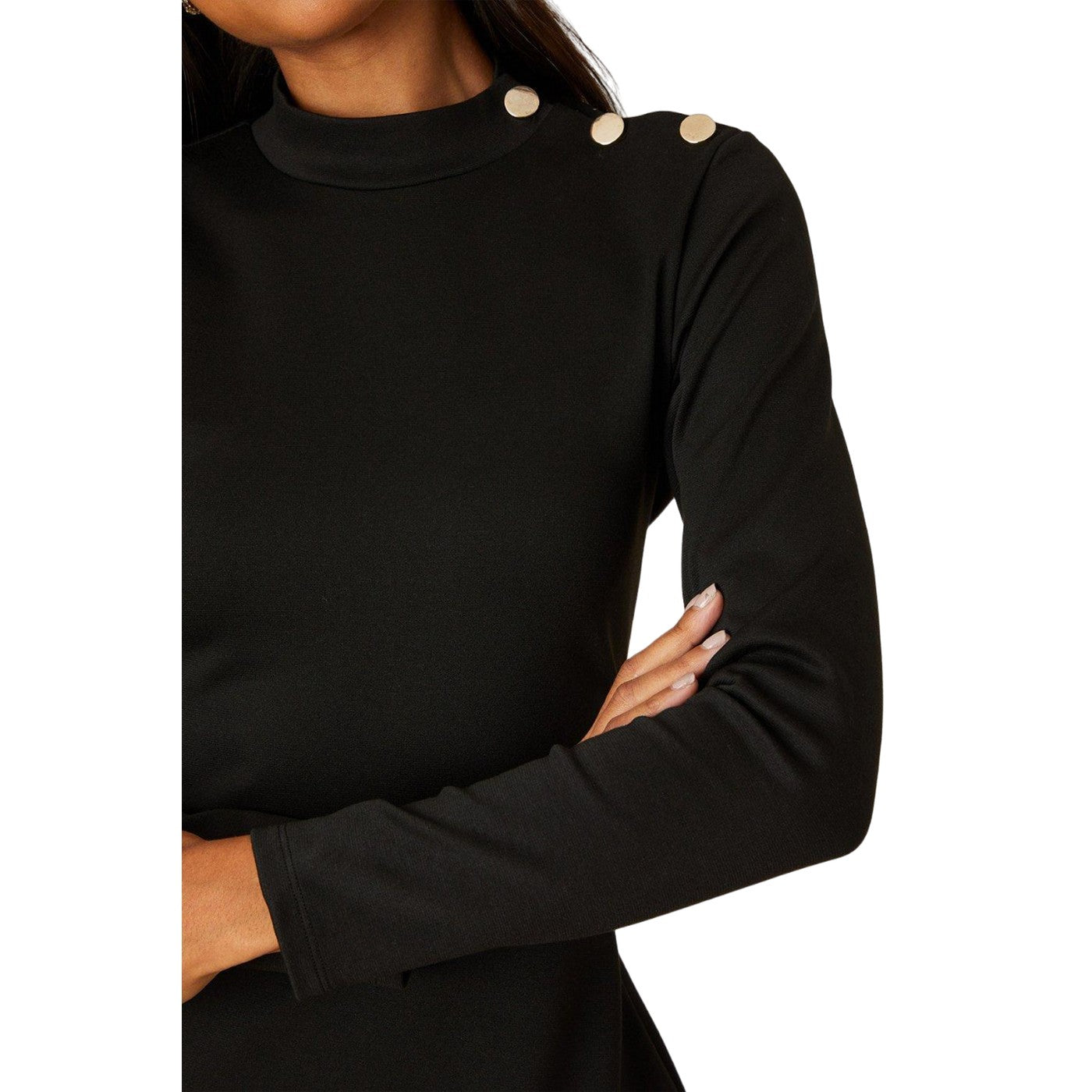 Black - Side - Dorothy Perkins Womens-Ladies Buttons Ponte High-Neck Mini Dress