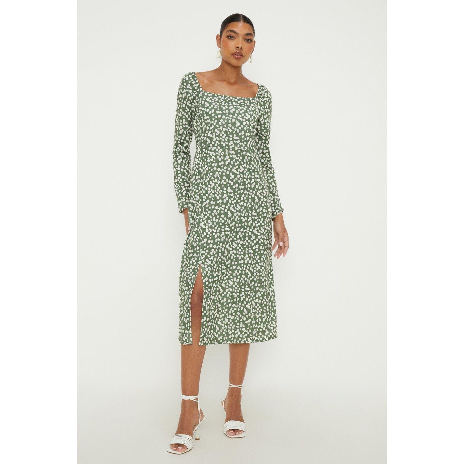 Green - Front - Dorothy Perkins Womens-Ladies Abstract Square Neck Long-Sleeved Midi Dress
