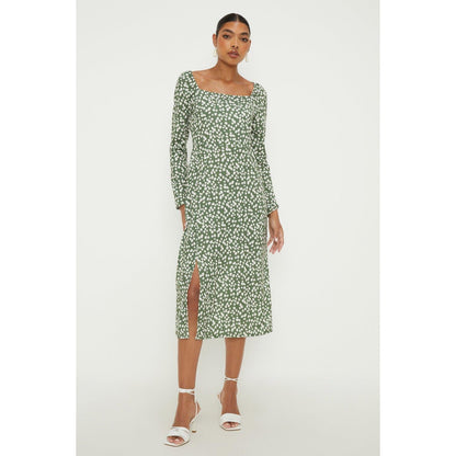 Green - Front - Dorothy Perkins Womens-Ladies Abstract Square Neck Long-Sleeved Midi Dress