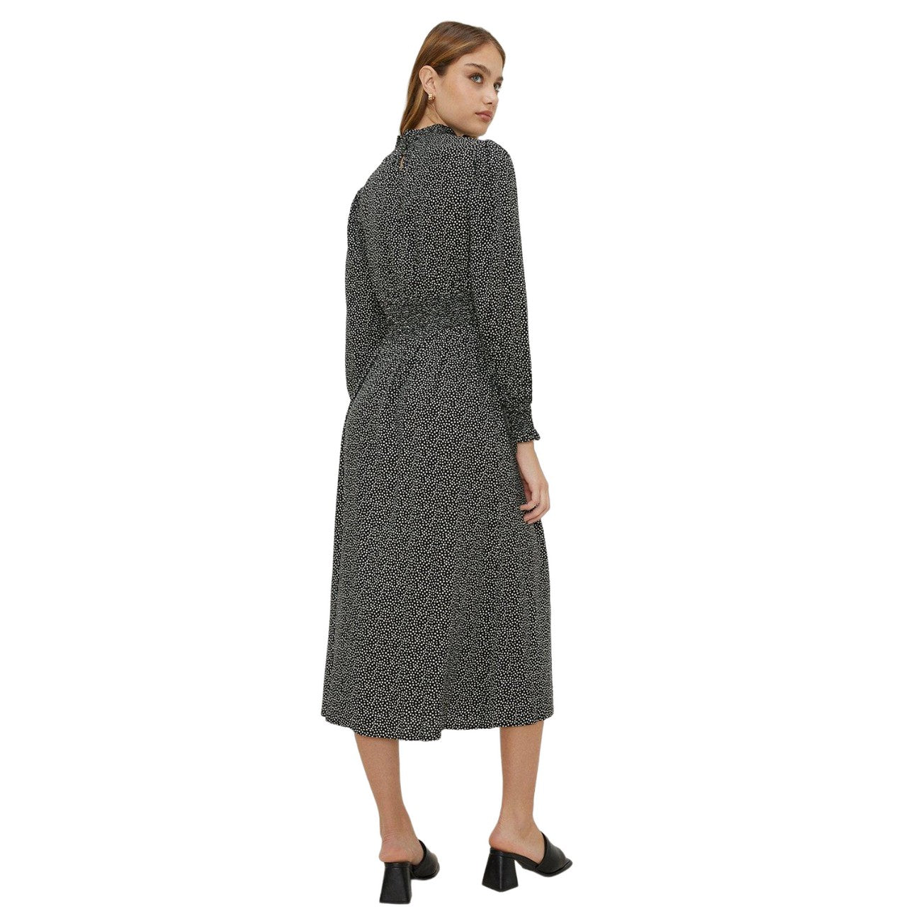 Monochrome - Back - Dorothy Perkins Womens-Ladies Spotted Shirred Waist Long-Sleeved Midi Dress