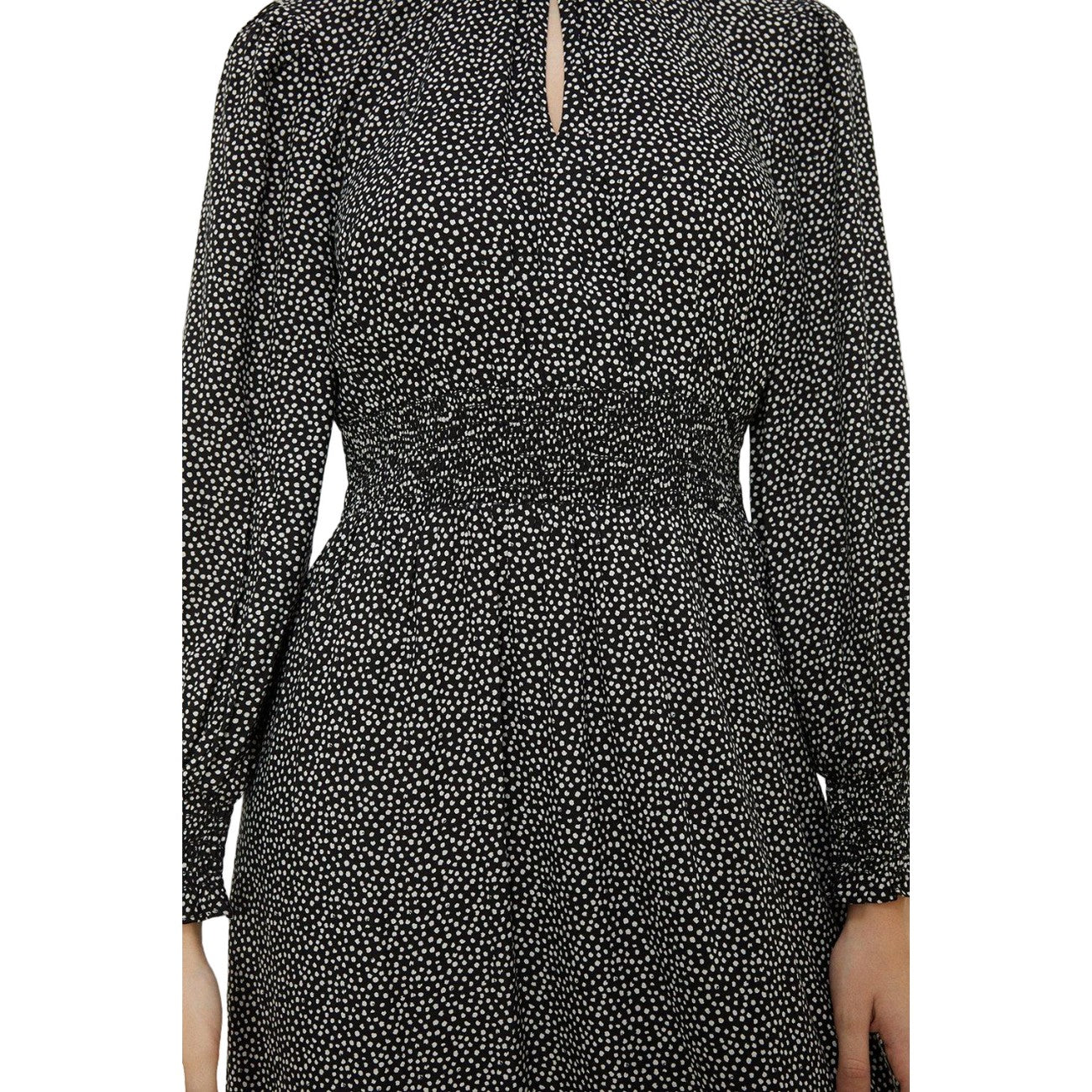 Monochrome - Side - Dorothy Perkins Womens-Ladies Spotted Shirred Waist Long-Sleeved Midi Dress