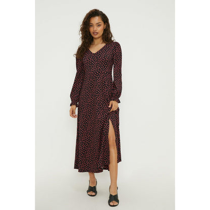 Pink-Black - Front - Dorothy Perkins Womens-Ladies Spotted V Neck Petite Midi Dress