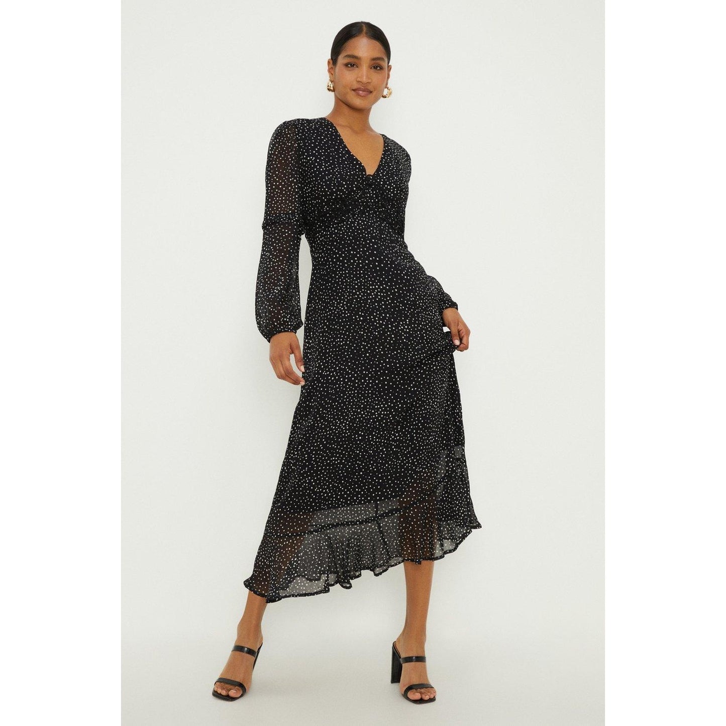 Black - Front - Dorothy Perkins Womens-Ladies Spotted Chiffon V Neck Midaxi Dress