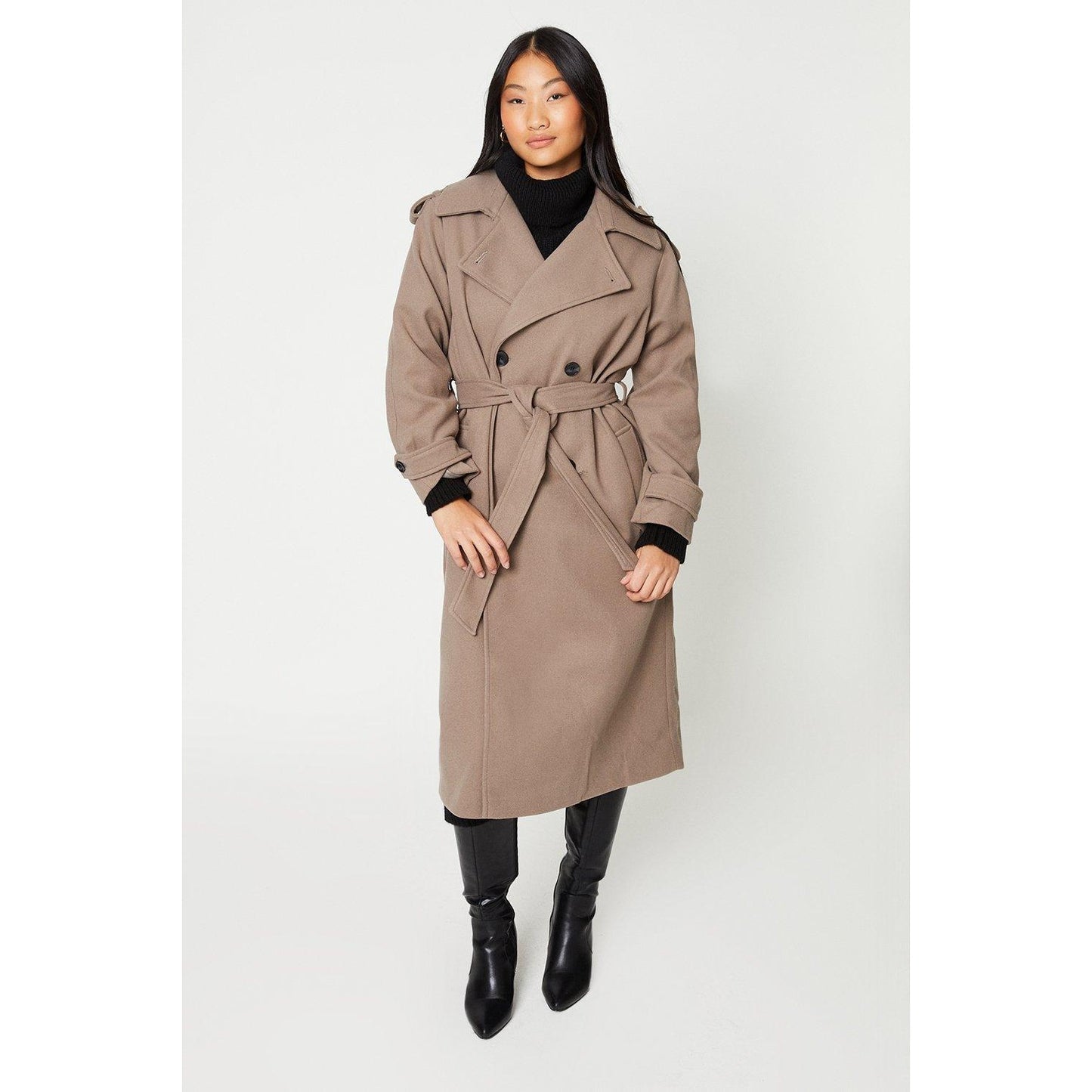 Mink - Front - Dorothy Perkins Womens-Ladies Belted Wool Petite Trench Coat