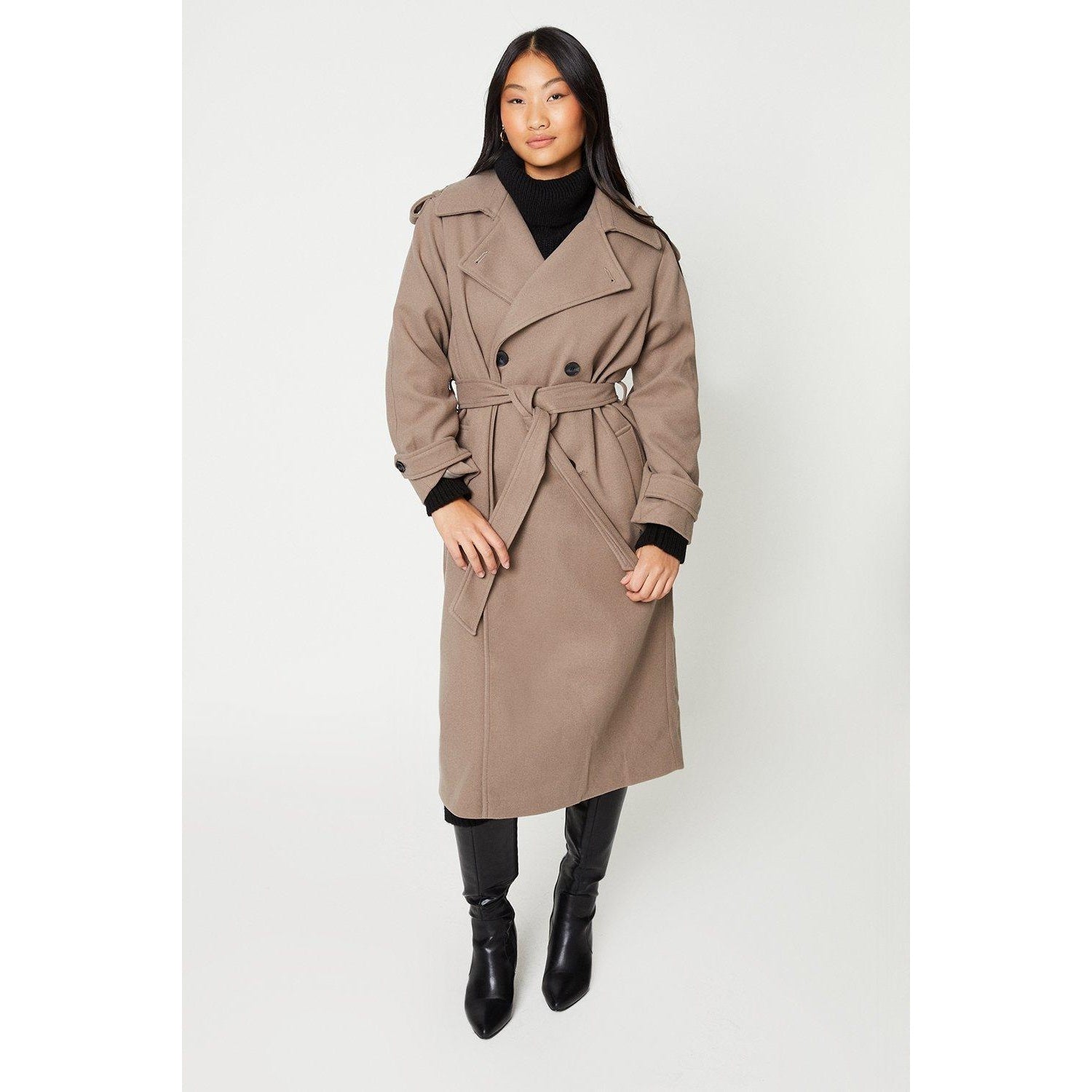 Mink - Front - Dorothy Perkins Womens-Ladies Belted Wool Petite Trench Coat