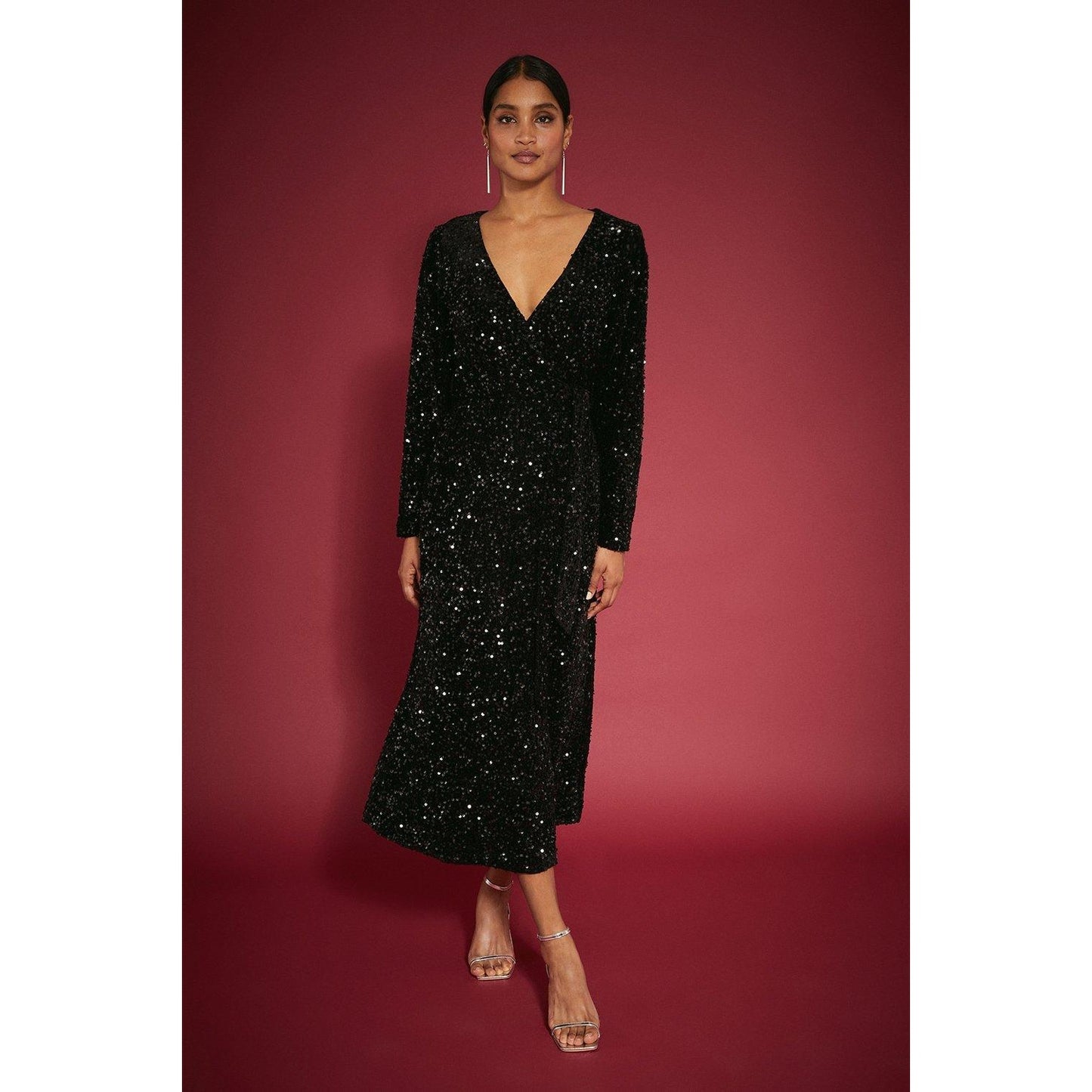 Black - Front - Dorothy Perkins Womens-Ladies Sequin Wrap Tall Midi Dress