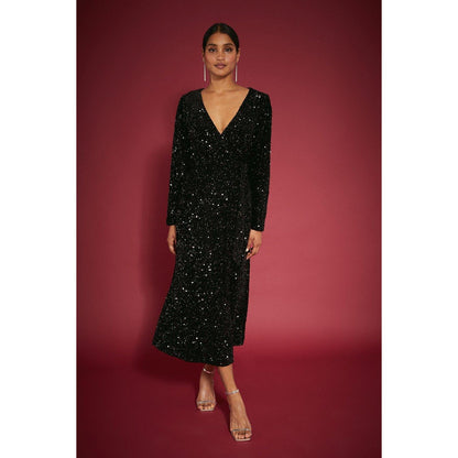 Black - Front - Dorothy Perkins Womens-Ladies Sequin Wrap Tall Midi Dress