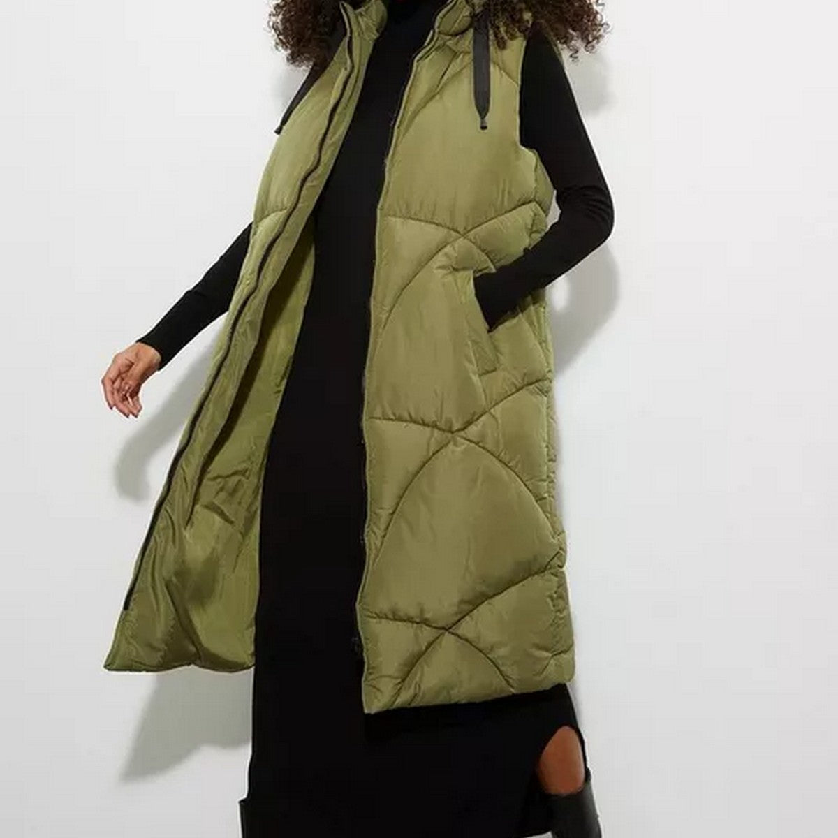 Olive - Pack Shot - Dorothy Perkins Womens-Ladies Hooded Padded Longline Gilet