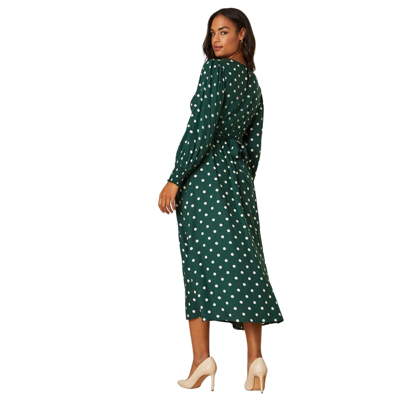 Green - Back - Dorothy Perkins Womens-Ladies Spotted Shirred Cuff Long-Sleeved Midi Dress