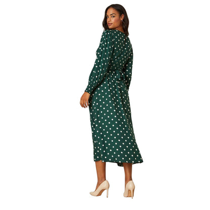 Green - Back - Dorothy Perkins Womens-Ladies Spotted Shirred Cuff Long-Sleeved Midi Dress