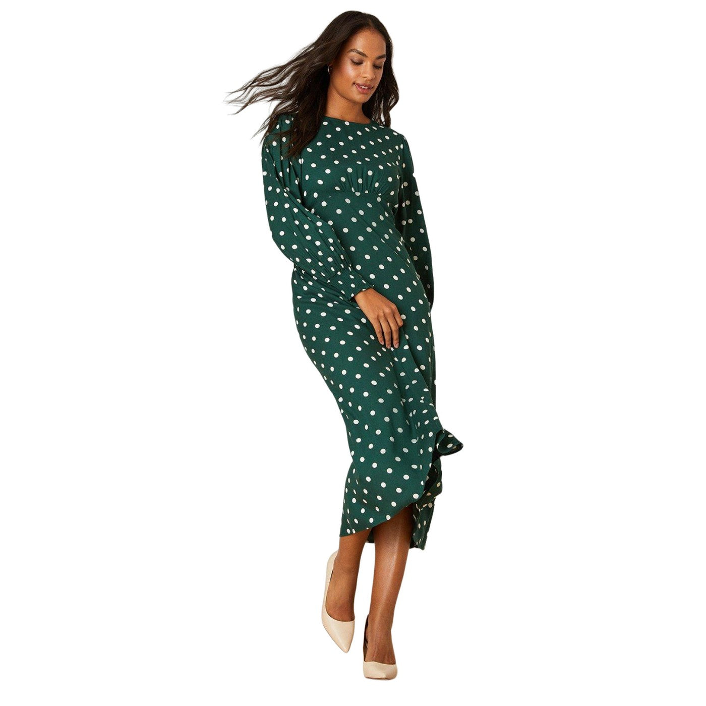 Green - Side - Dorothy Perkins Womens-Ladies Spotted Shirred Cuff Long-Sleeved Midi Dress