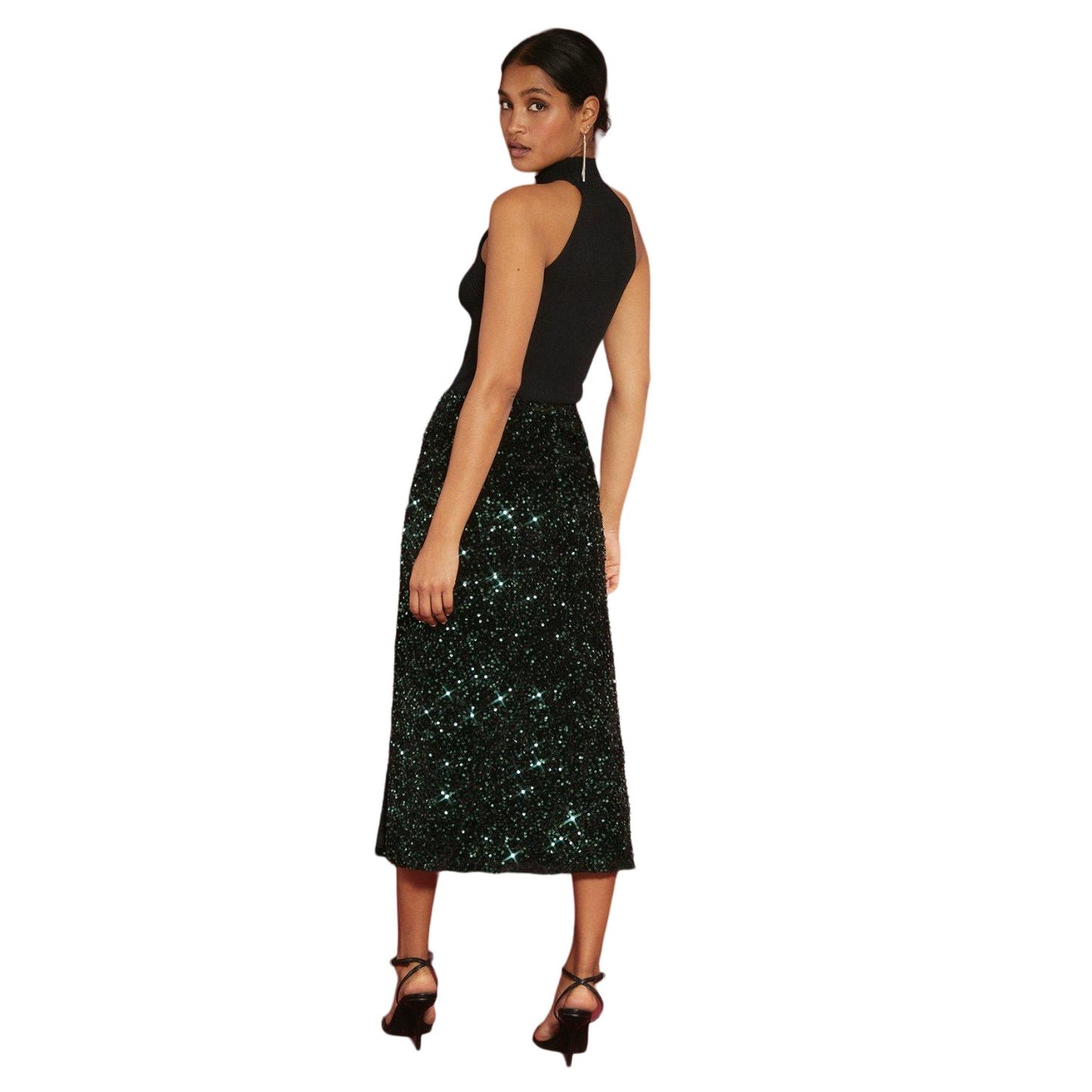 Black - Back - Dorothy Perkins Womens-Ladies Sequin Velvet Midi Skirt