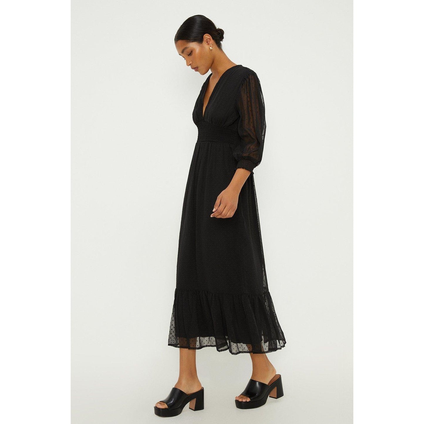 Black - Front - Dorothy Perkins Womens-Ladies Dobby Chiffon Shirred Waist Midi Dress