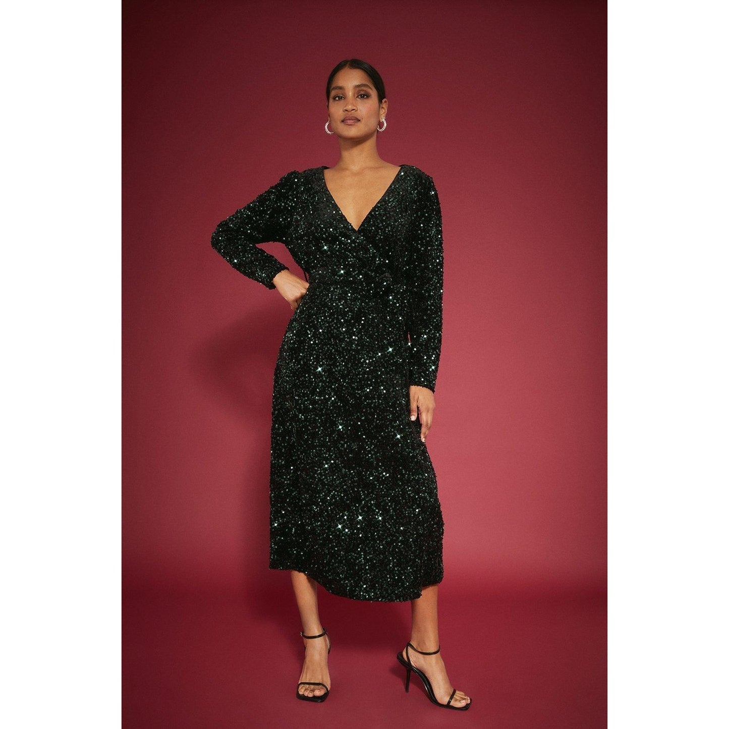 Bottle Green - Front - Dorothy Perkins Womens-Ladies Sequin Velvet Wrap Midi Dress