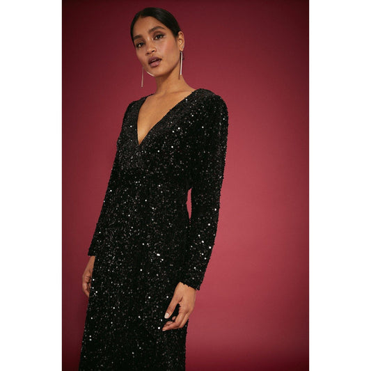 Black - Front - Dorothy Perkins Womens-Ladies Sequin Velvet Wrap Midi Dress