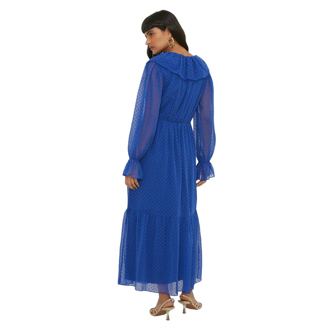 Blue - Back - Dorothy Perkins Womens-Ladies Dobby Chiffon Ruffle Neck Midi Dress