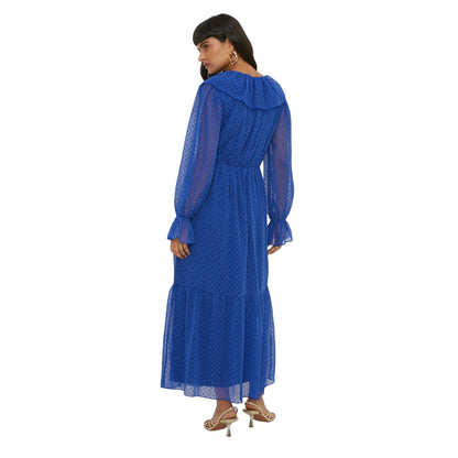 Blue - Back - Dorothy Perkins Womens-Ladies Dobby Chiffon Ruffle Neck Midi Dress
