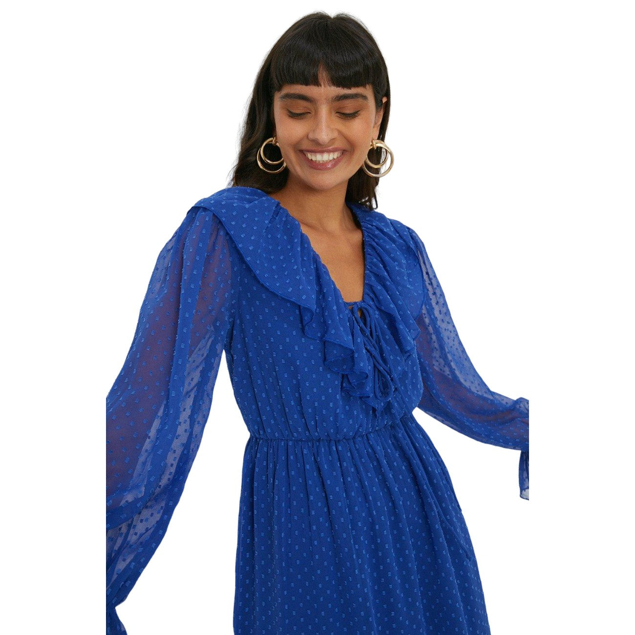 Blue - Side - Dorothy Perkins Womens-Ladies Dobby Chiffon Ruffle Neck Midi Dress