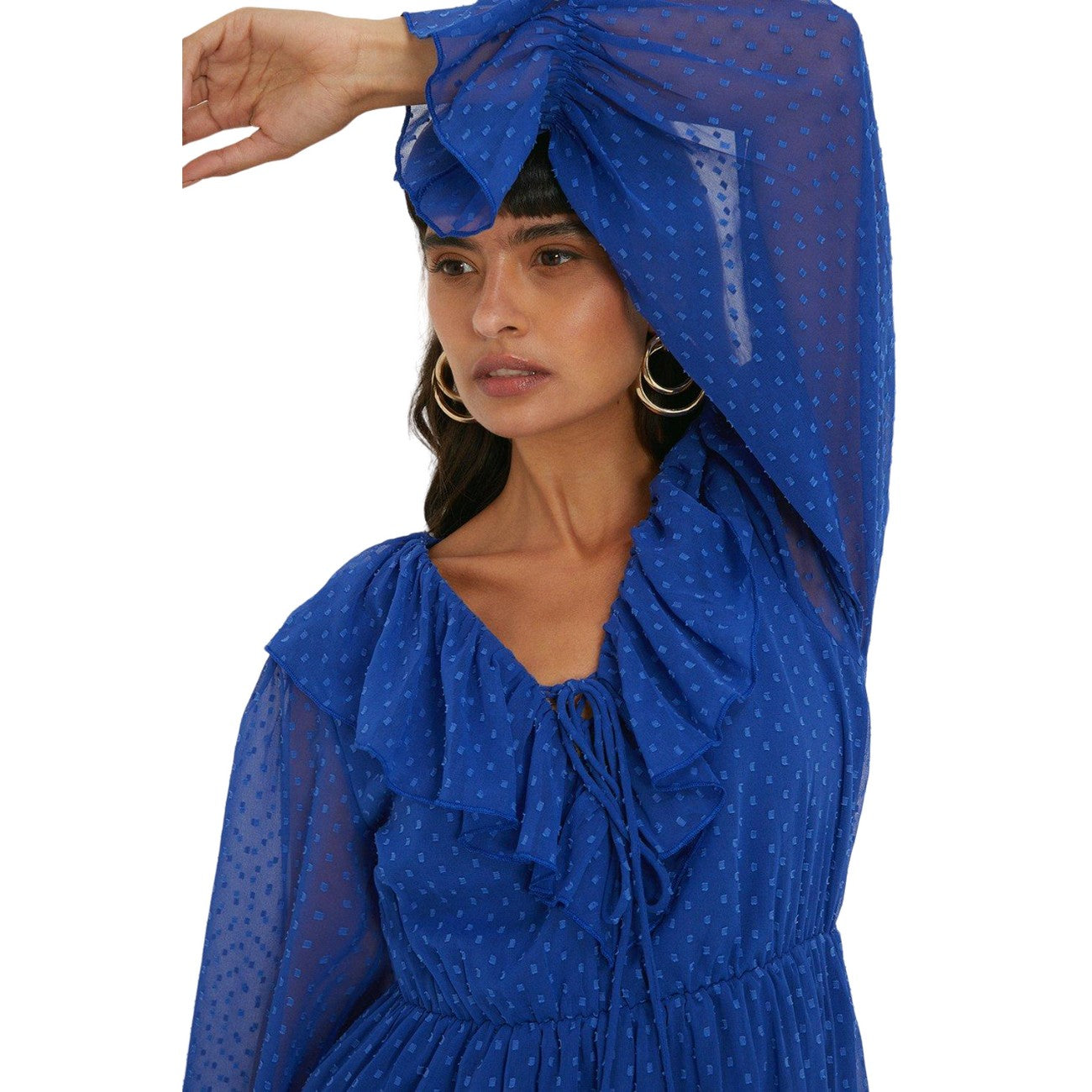 Blue - Lifestyle - Dorothy Perkins Womens-Ladies Dobby Chiffon Ruffle Neck Midi Dress