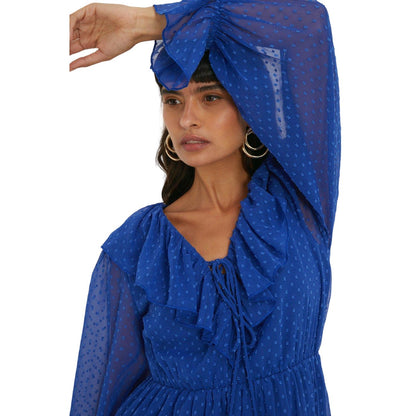 Blue - Lifestyle - Dorothy Perkins Womens-Ladies Dobby Chiffon Ruffle Neck Midi Dress