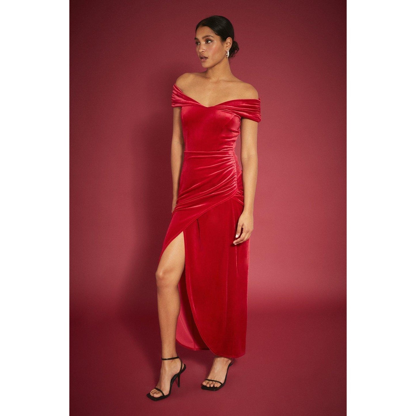 Red - Front - Dorothy Perkins Womens-Ladies Velvet Bardot Midi Dress