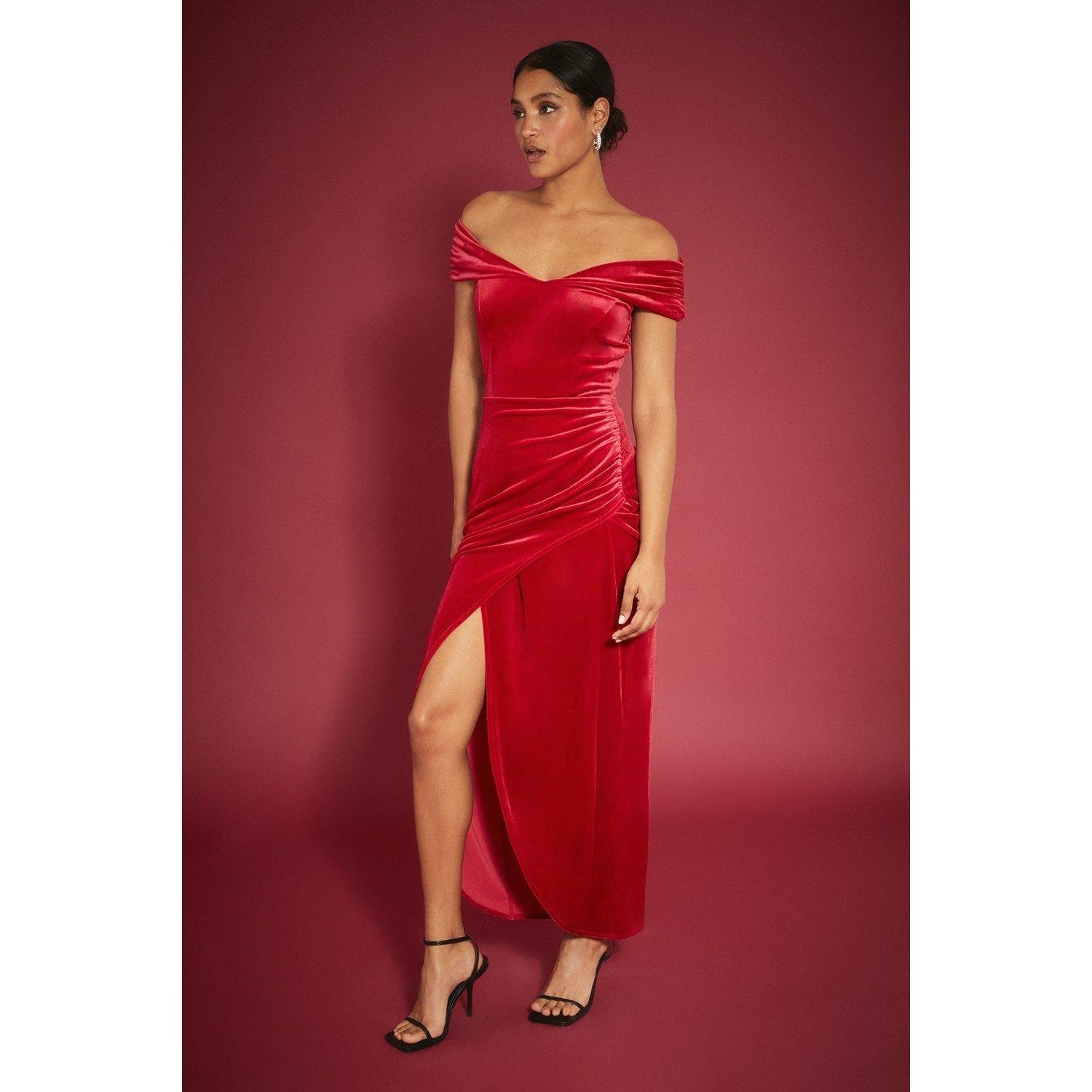 Red - Front - Dorothy Perkins Womens-Ladies Velvet Bardot Midi Dress