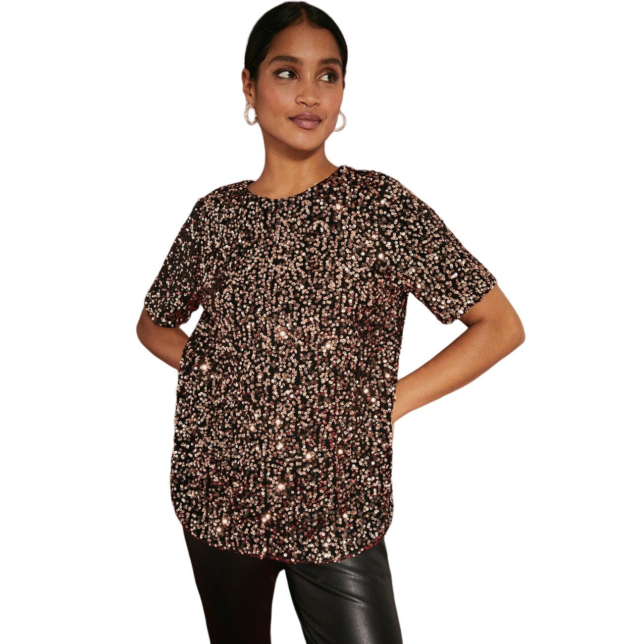 Gold - Front - Dorothy Perkins Womens-Ladies Sequin Short-Sleeved Top