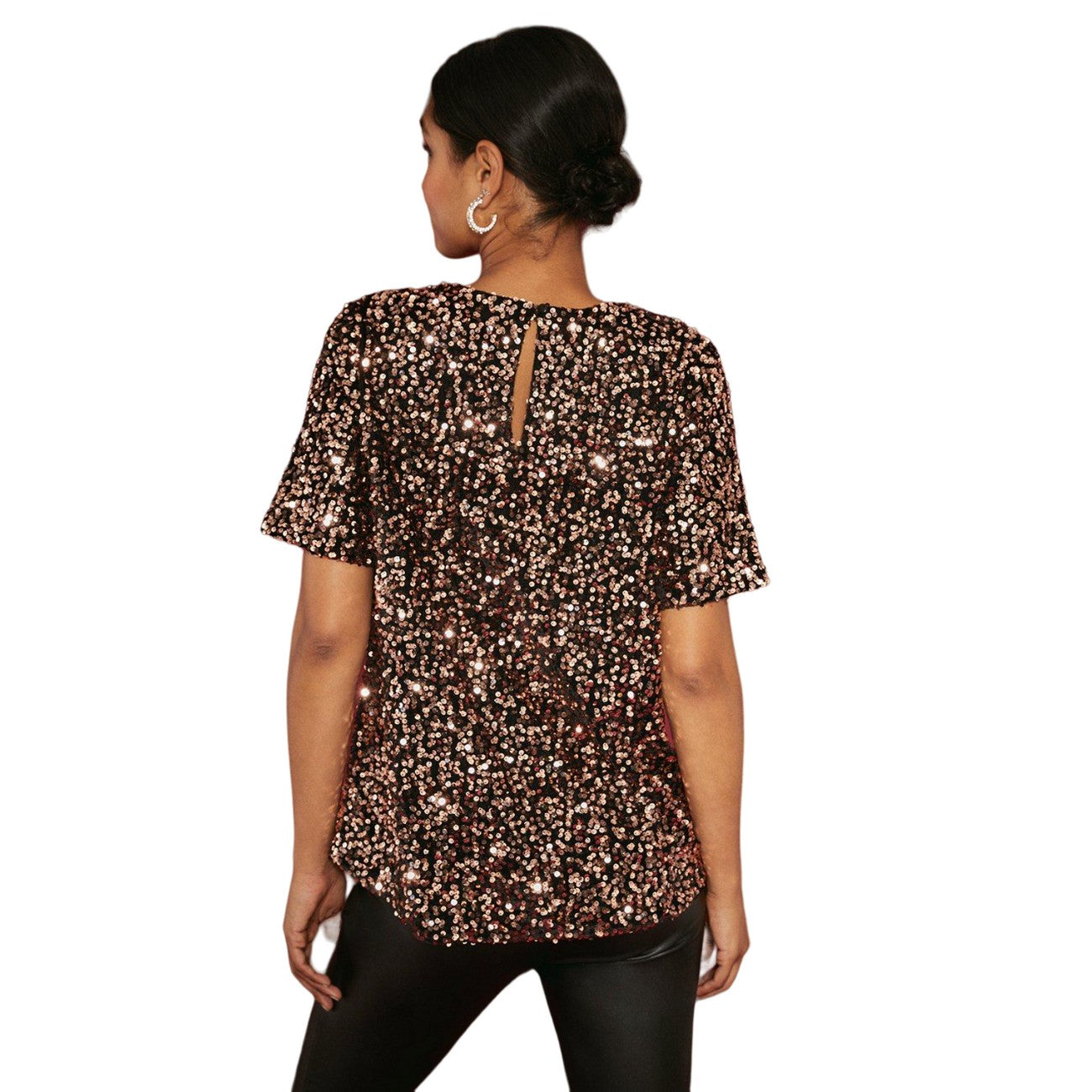 Gold - Back - Dorothy Perkins Womens-Ladies Sequin Short-Sleeved Top