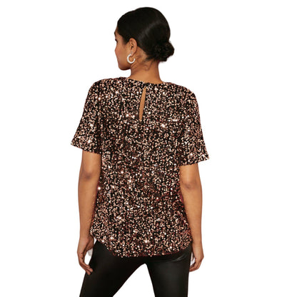 Gold - Back - Dorothy Perkins Womens-Ladies Sequin Short-Sleeved Top