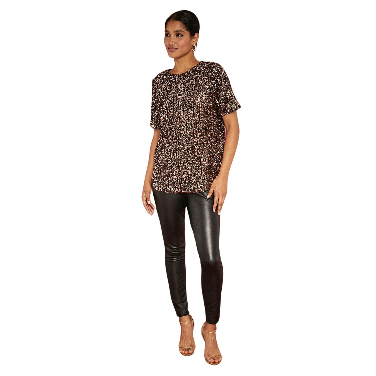 Gold - Side - Dorothy Perkins Womens-Ladies Sequin Short-Sleeved Top
