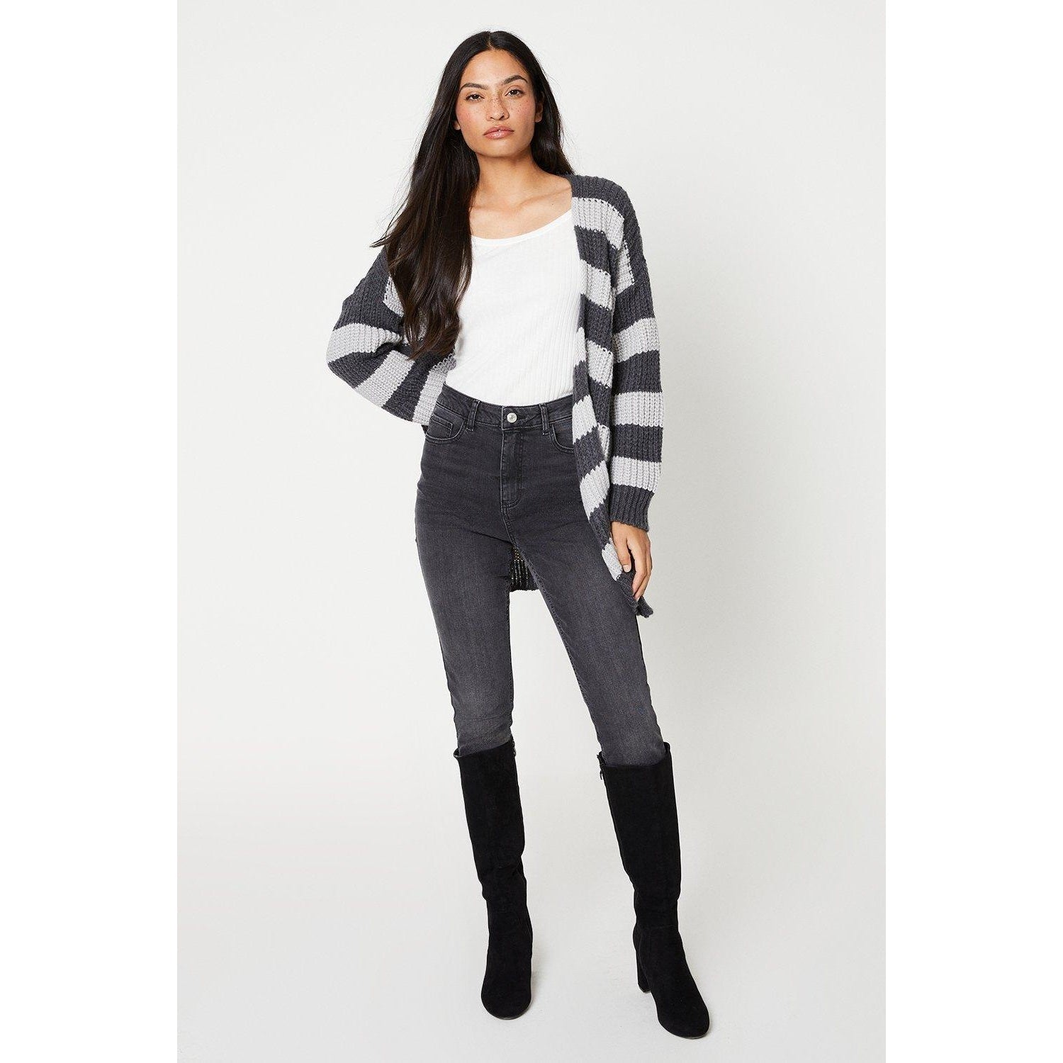 Grey-Black - Front - Dorothy Perkins Womens-Ladies Stripe Chunky Knit Longline Cardigan