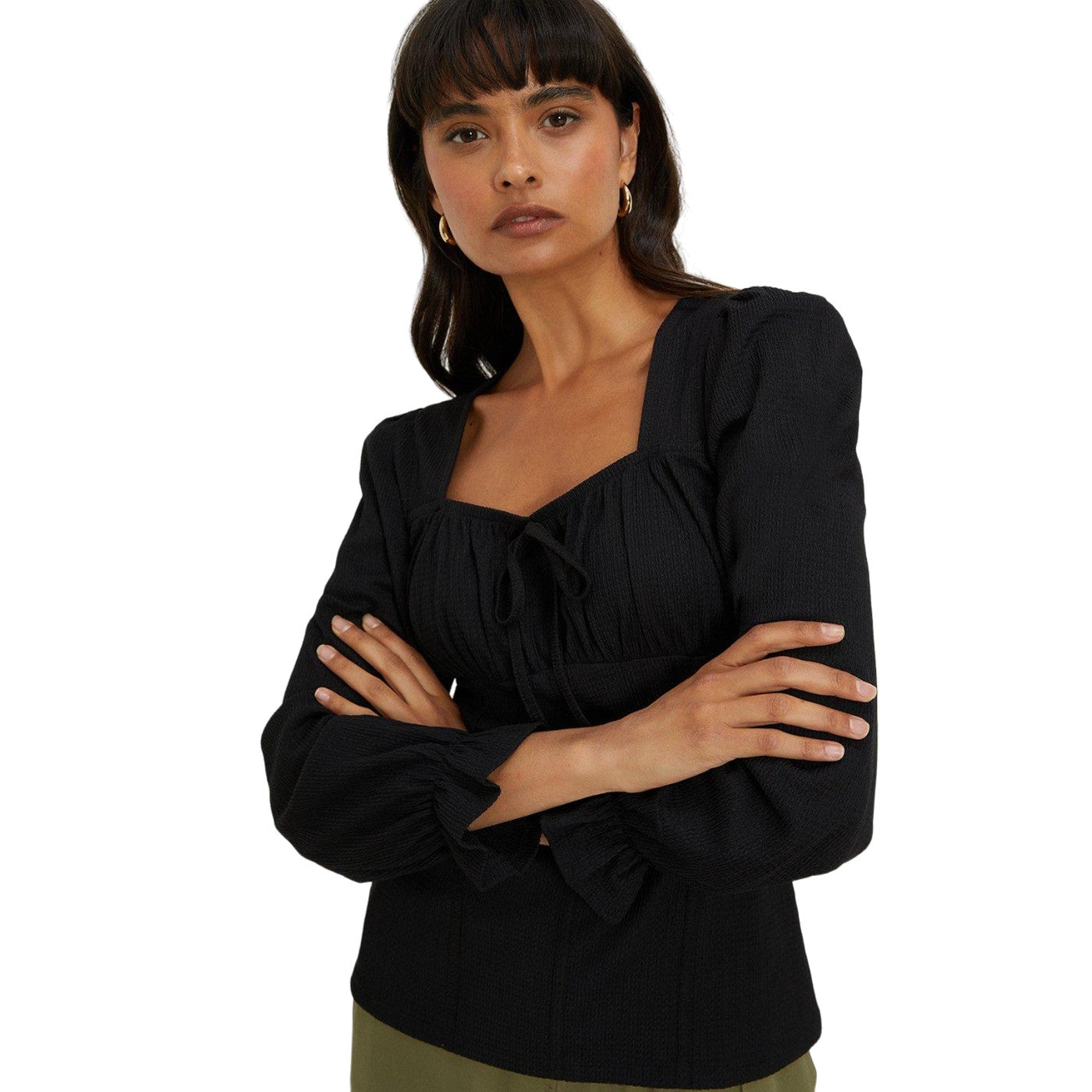 Black - Side - Dorothy Perkins Womens-Ladies Textured Shirred Cuff Long-Sleeved Top