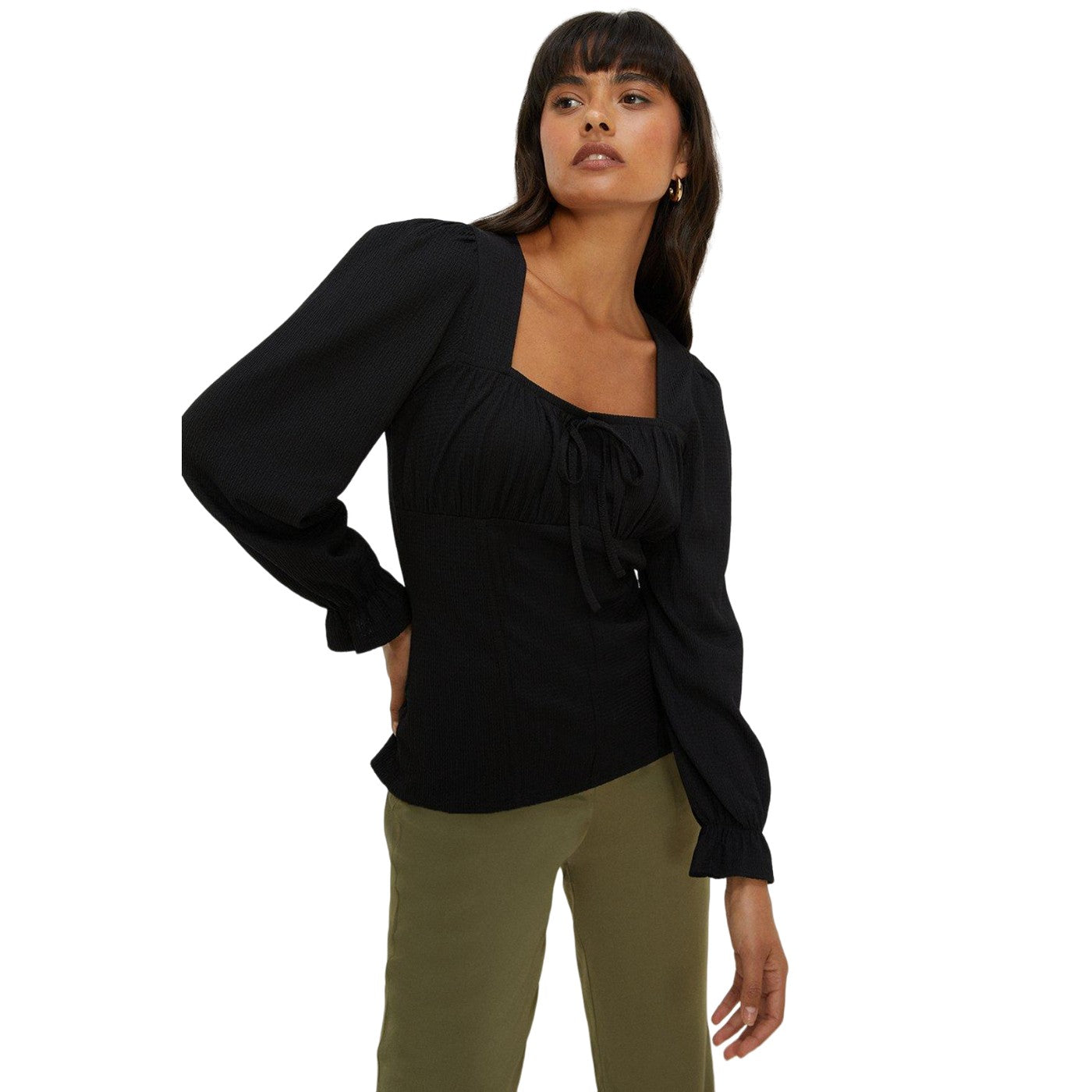 Black - Front - Dorothy Perkins Womens-Ladies Textured Shirred Cuff Long-Sleeved Top