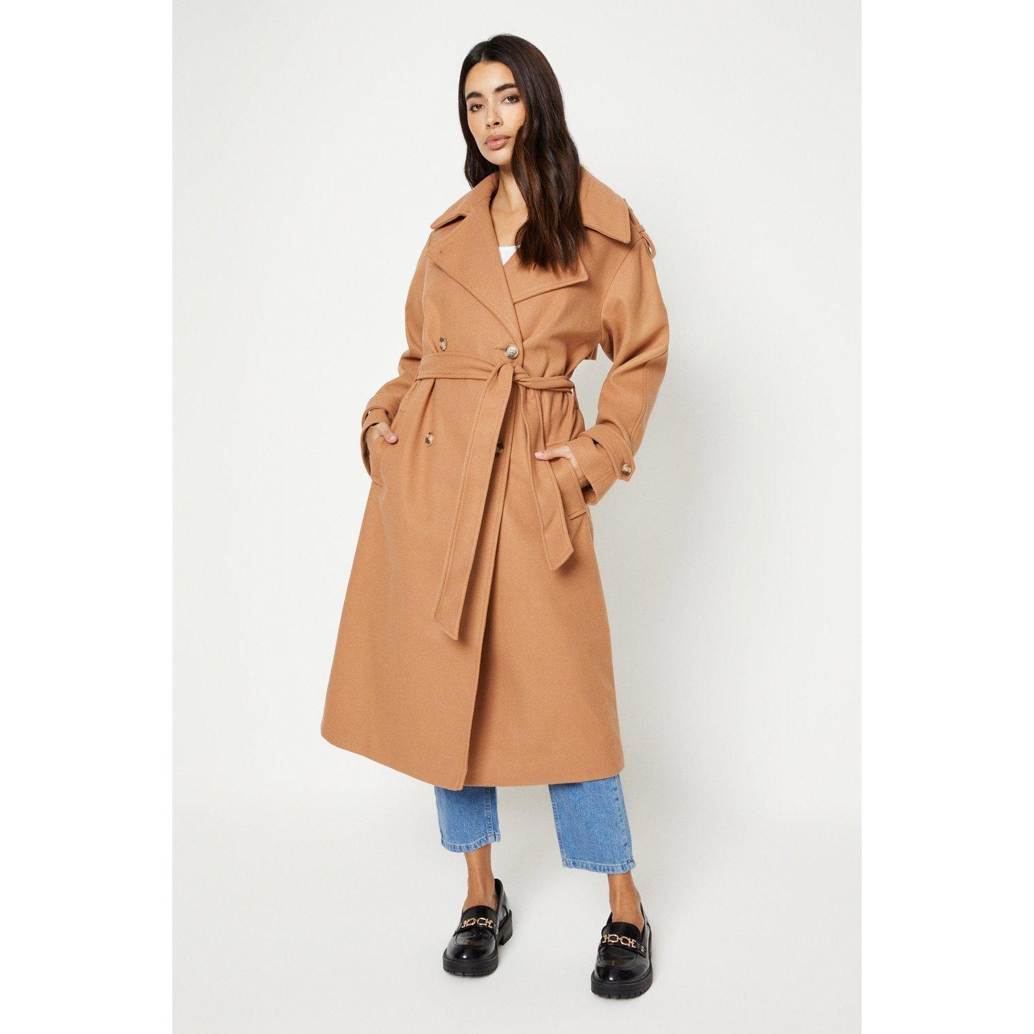 Camel - Front - Dorothy Perkins Womens-Ladies Belted Wool Effect Double-Breasted Trench Coat