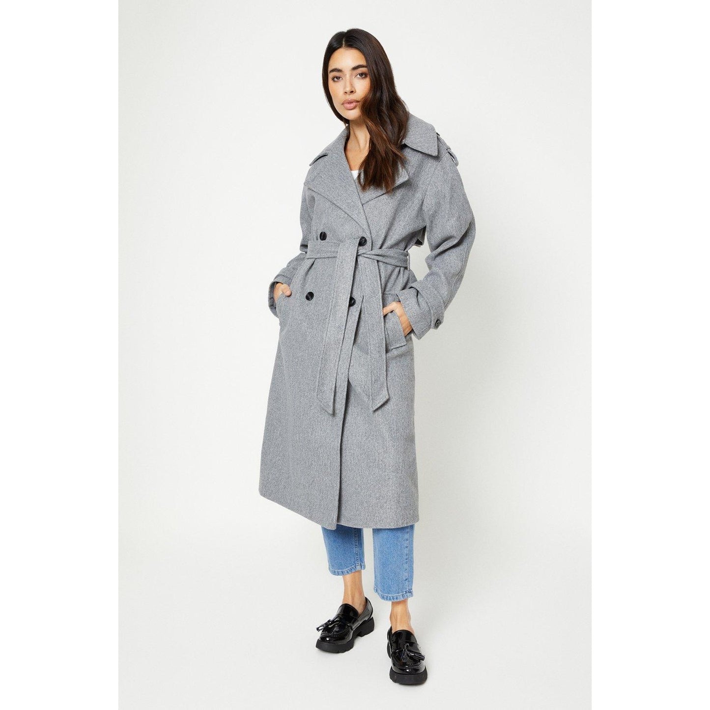 Grey Marl - Front - Dorothy Perkins Womens-Ladies Belted Wool Effect Double-Breasted Trench Coat