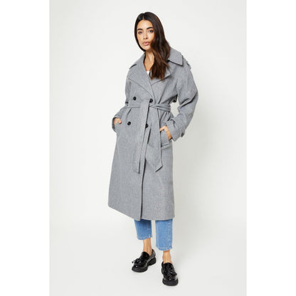 Grey Marl - Front - Dorothy Perkins Womens-Ladies Belted Wool Effect Double-Breasted Trench Coat