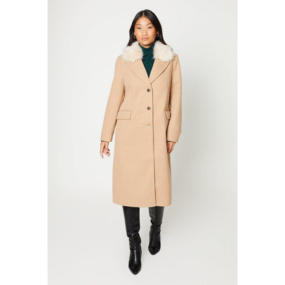 Camel - Front - Dorothy Perkins Womens-Ladies Faux Fur Trim Single-Breasted Petite Coat