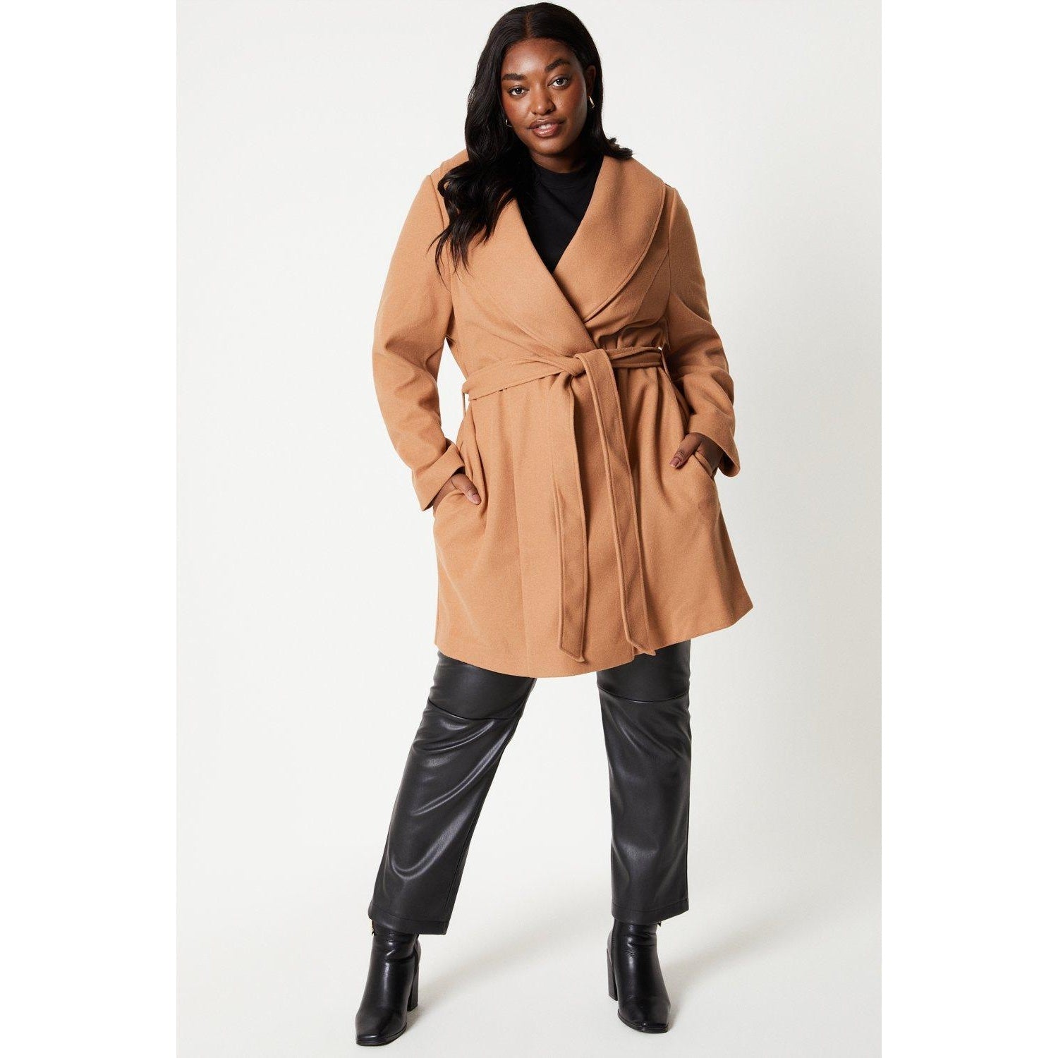 Camel - Front - Dorothy Perkins Womens-Ladies Wrap Curve Short Coat