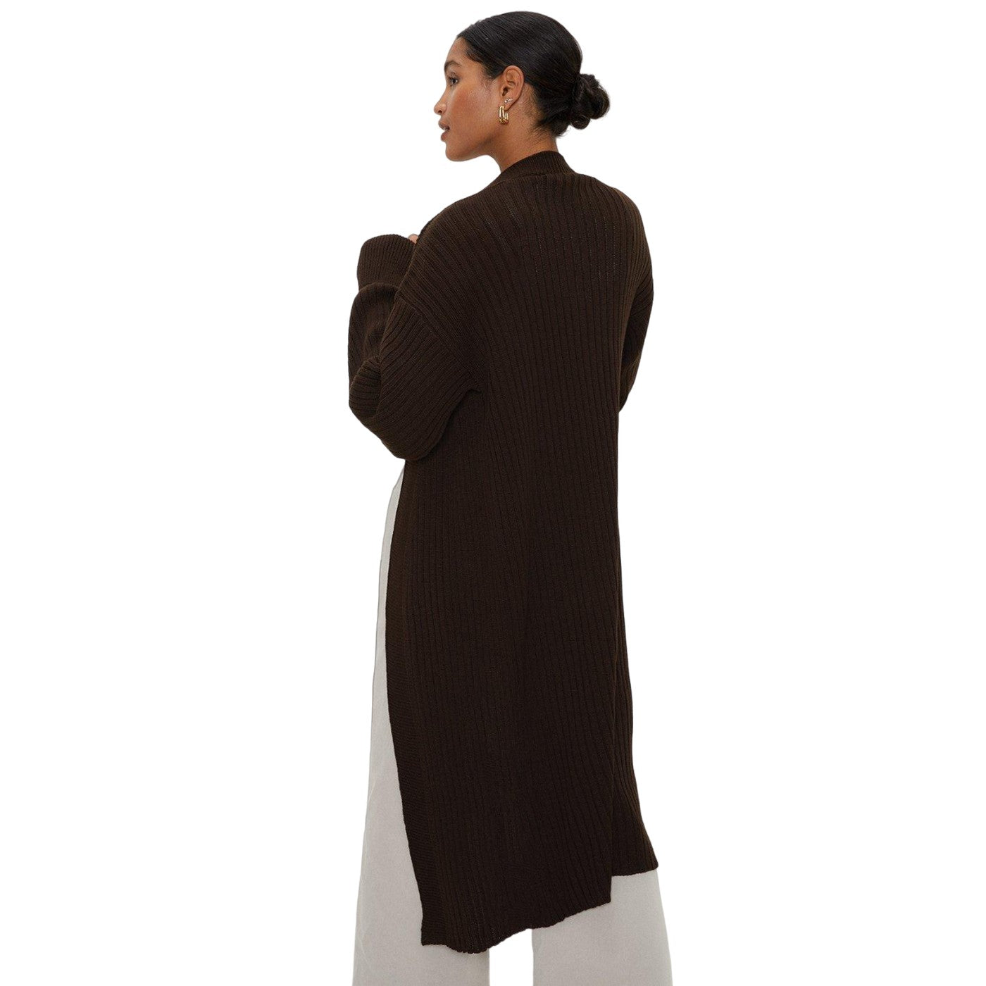 Mocha - Back - Dorothy Perkins Womens-Ladies Ribbed Knitted Midi Puff Sleeve Cardigan