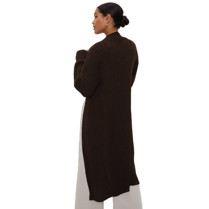 Mocha - Back - Dorothy Perkins Womens-Ladies Ribbed Knitted Midi Puff Sleeve Cardigan