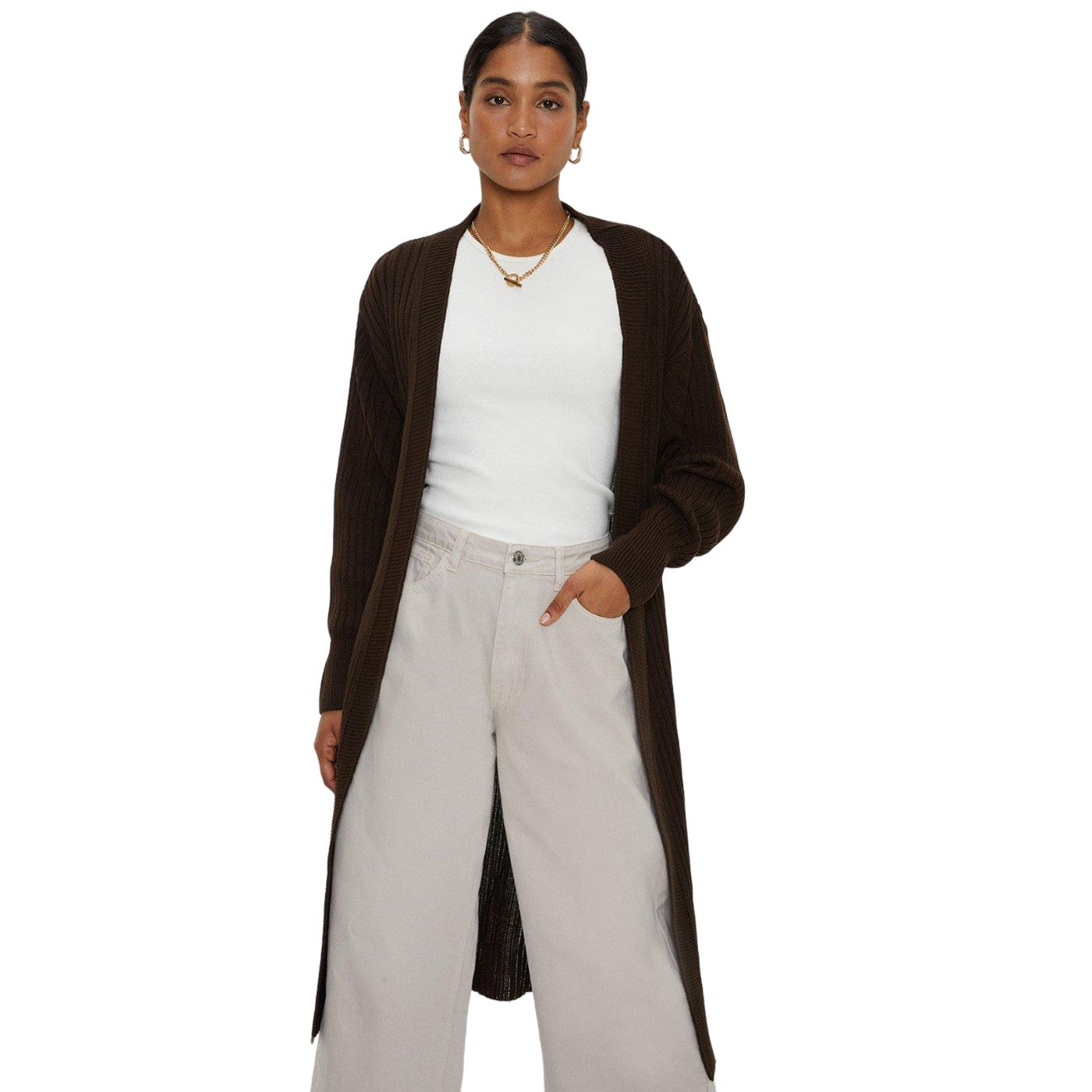 Mocha - Front - Dorothy Perkins Womens-Ladies Ribbed Knitted Midi Puff Sleeve Cardigan