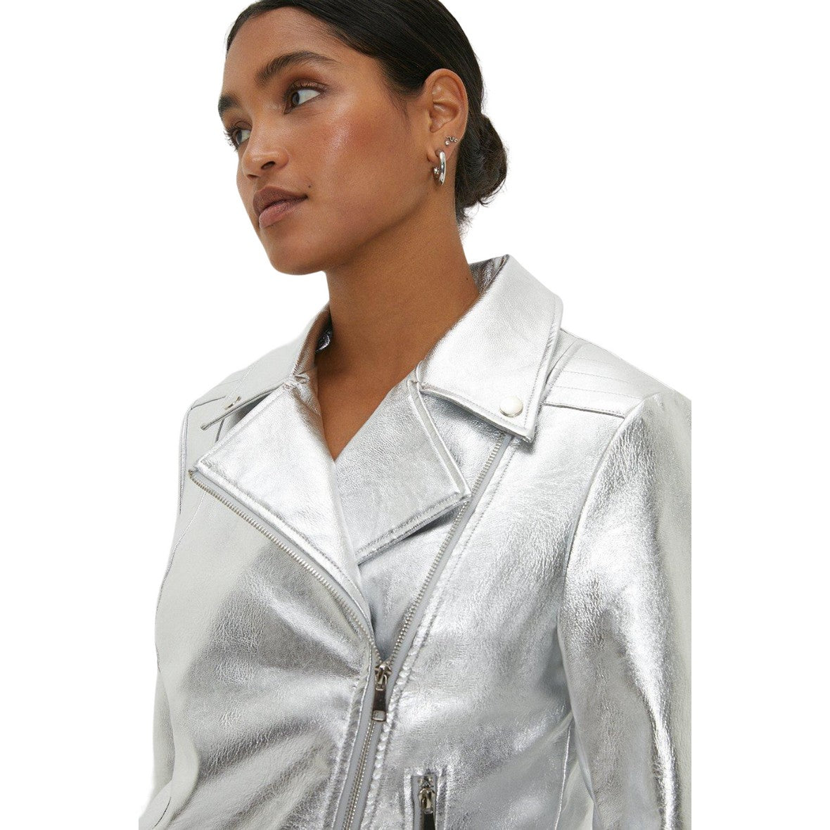 Silver - Side - Dorothy Perkins Womens-Ladies Metallic Faux Leather Biker Jacket