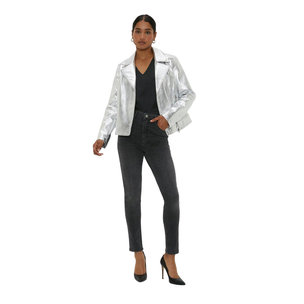 Silver - Lifestyle - Dorothy Perkins Womens-Ladies Metallic Faux Leather Biker Jacket