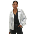 Silver - Front - Dorothy Perkins Womens-Ladies Metallic Faux Leather Biker Jacket