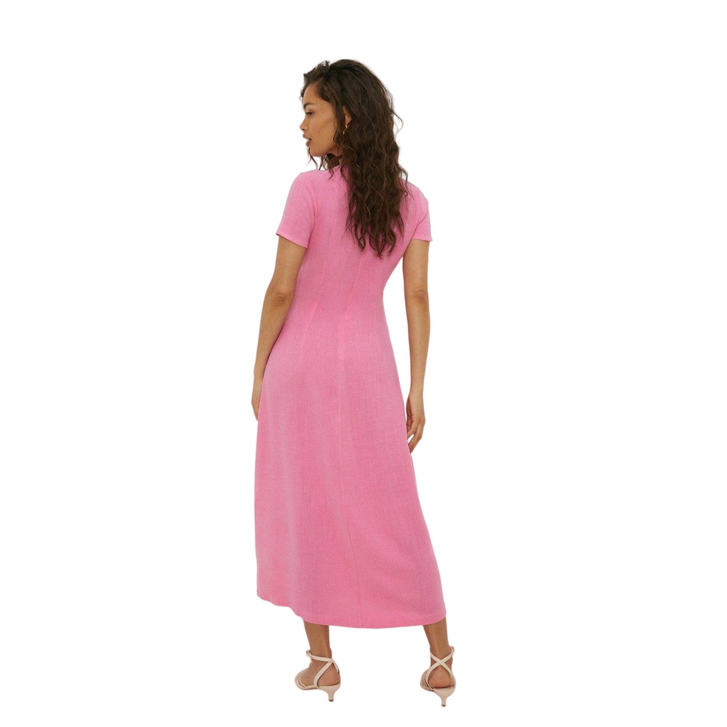Pink - Back - Dorothy Perkins Womens-Ladies Linen Empire Petite Midi Dress