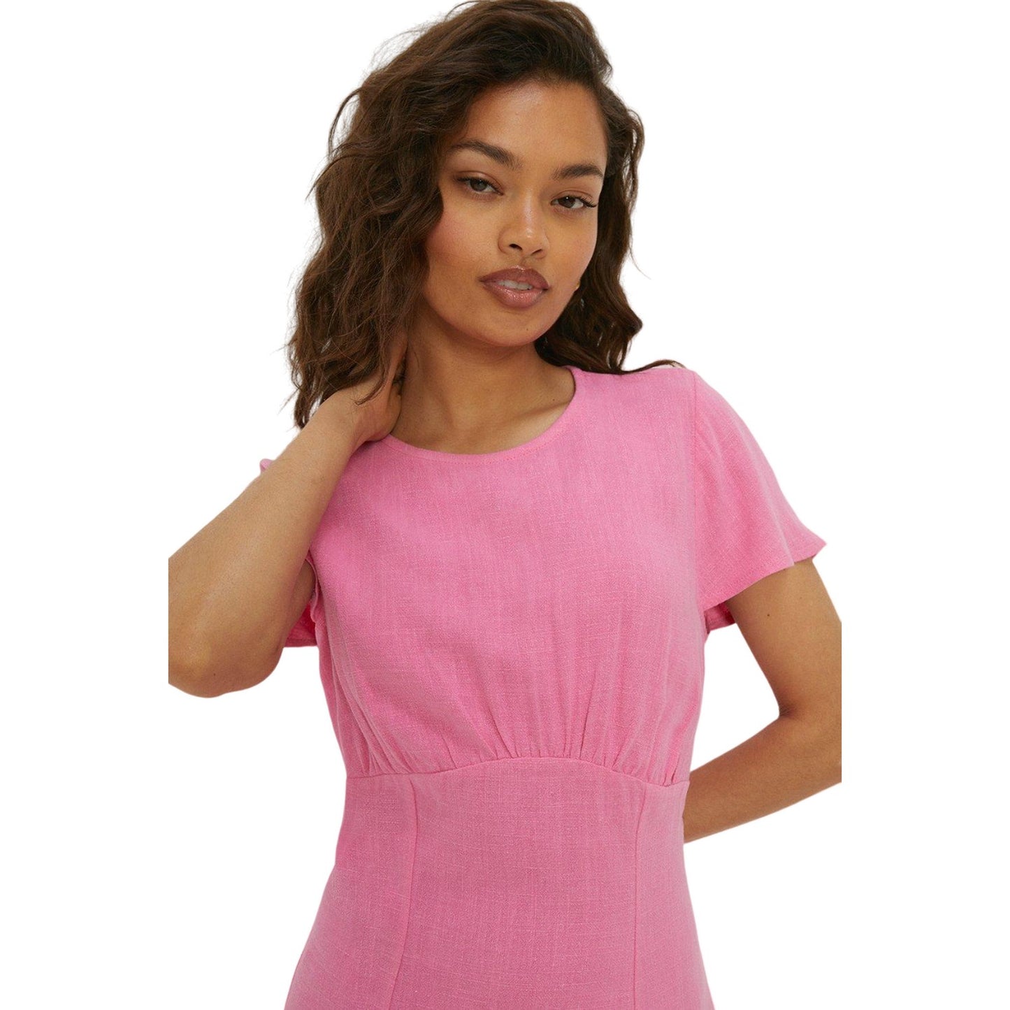 Pink - Side - Dorothy Perkins Womens-Ladies Linen Empire Petite Midi Dress