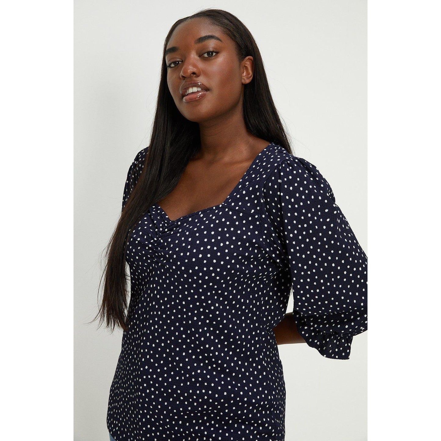 Navy - Front - Dorothy Perkins Womens-Ladies Spotted Ruched Front Plus 3-4 Sleeve Blouse