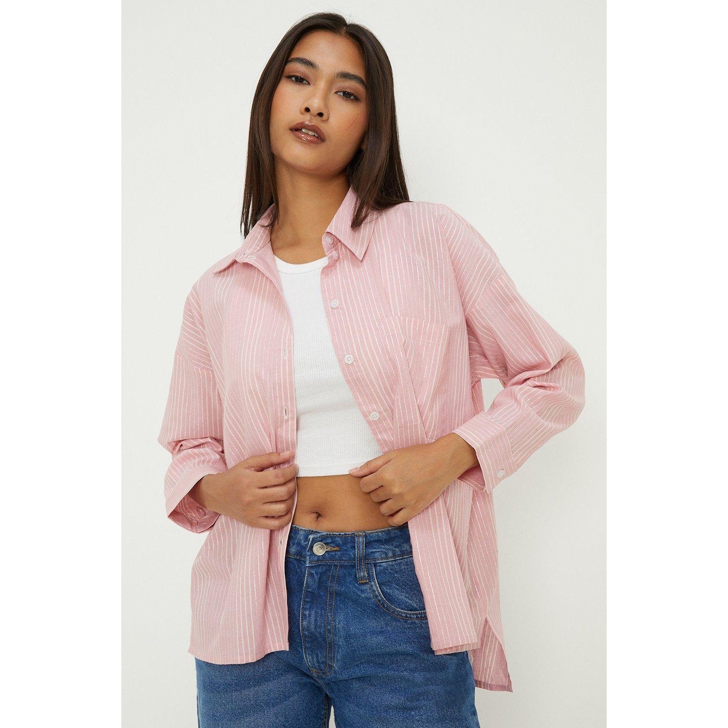Pink - Front - Dorothy Perkins Womens-Ladies Striped Poplin Petite Oversized Shirt