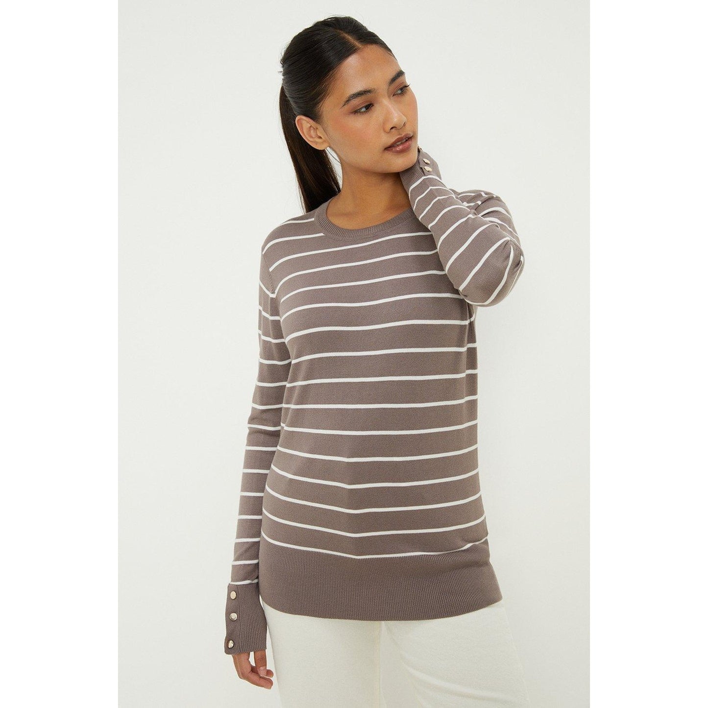Taupe - Front - Dorothy Perkins Womens-Ladies Stripe Buttoned Cuff Petite Jumper